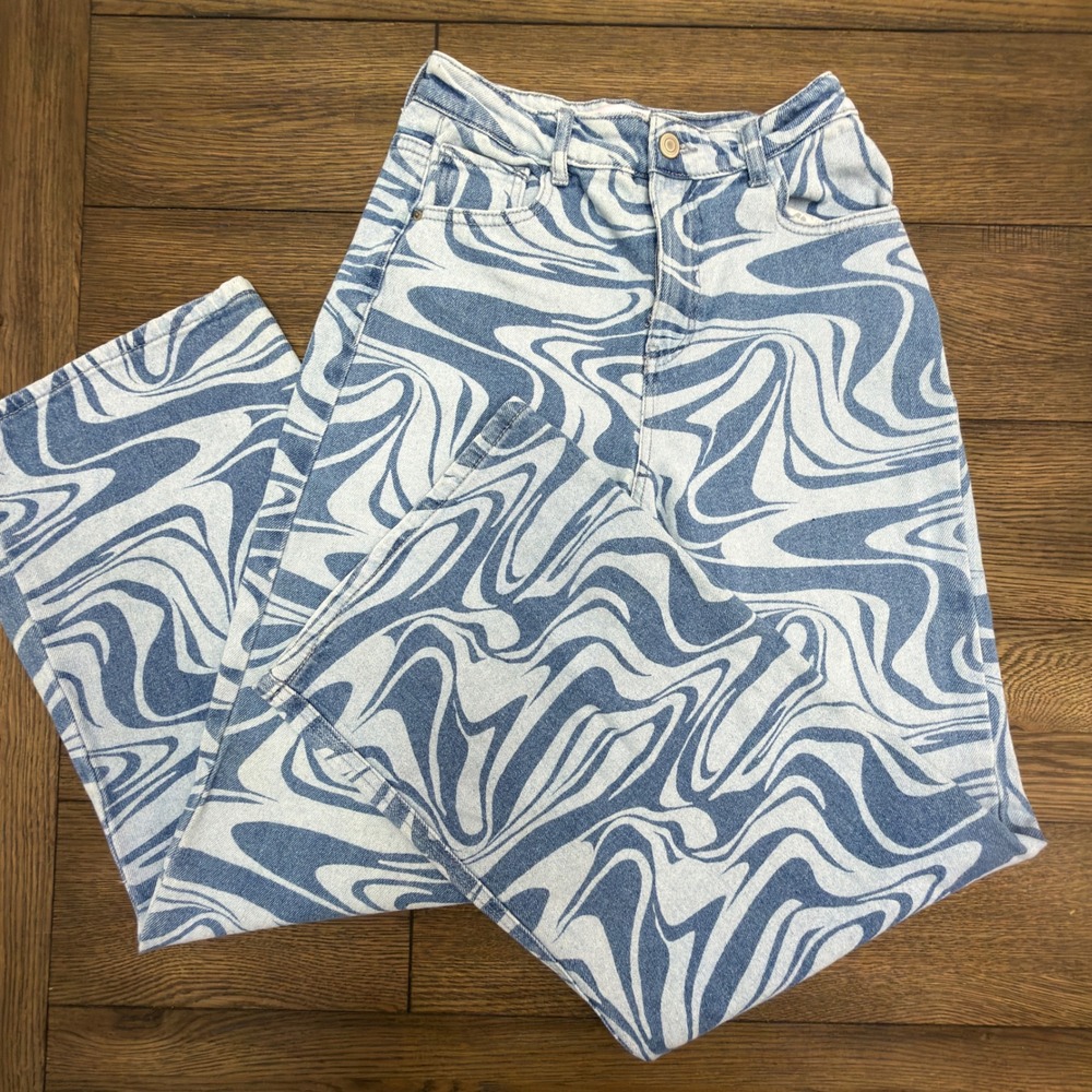 SO Goods For Life Blue White Marble Swirl Wide Leg Jeans High Rise Size 5/27W